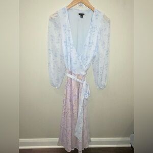 Ann Taylor Wrap Dress Light Blue Pink Floral V-Neck Long Sleeve Belted Size 4
